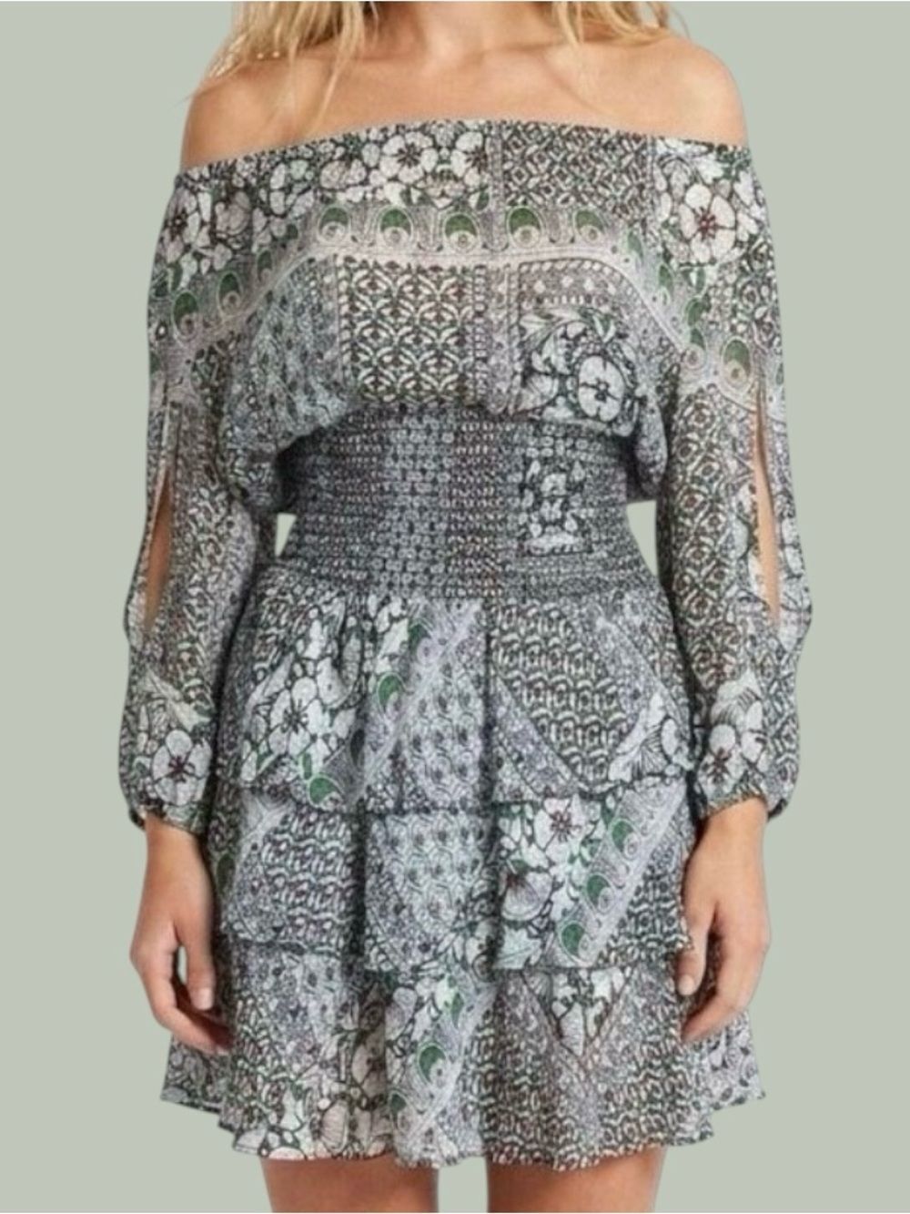 Maje Romea Paisley Off The Shoulder Smocked Tiered Boho Mini Dress Small